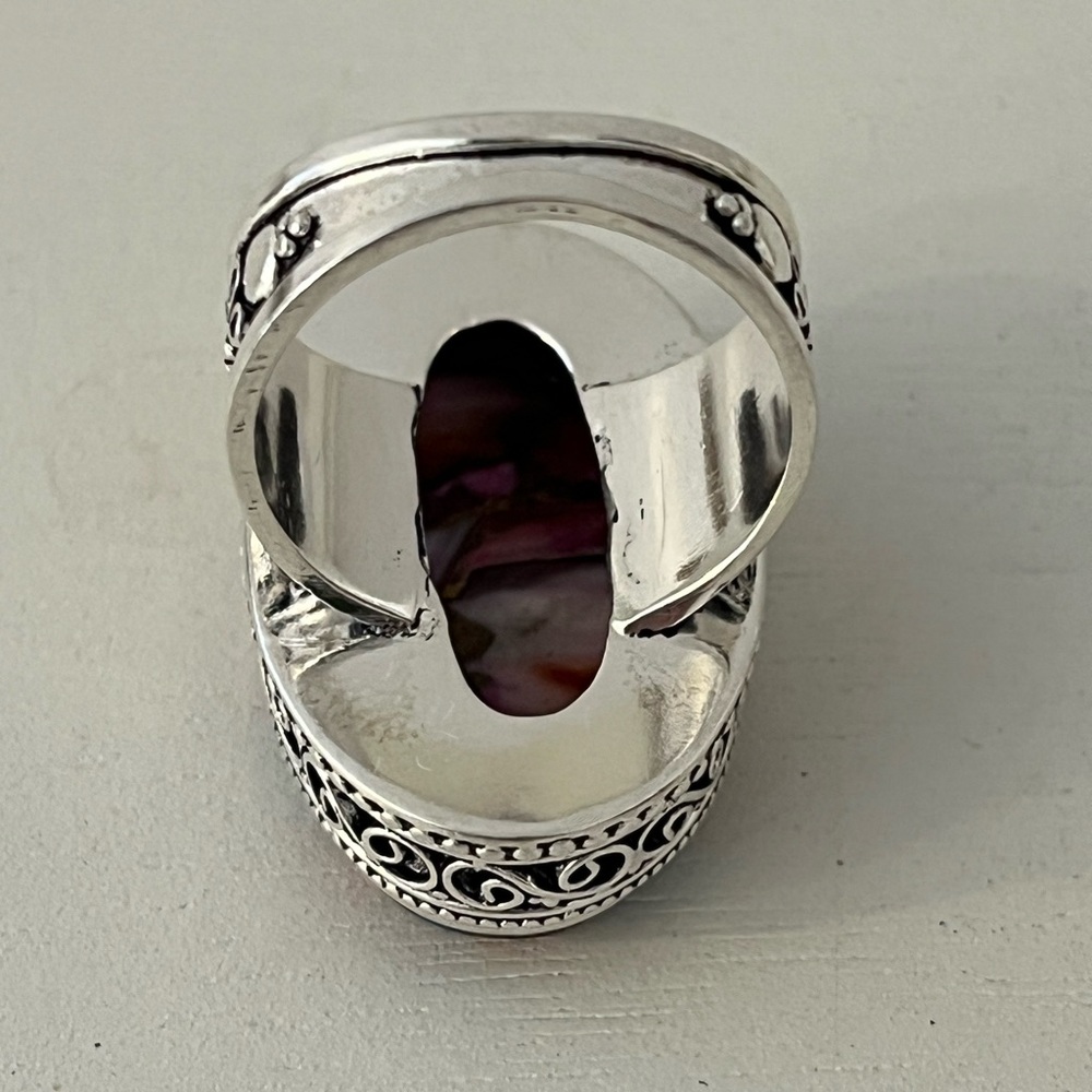 New 925 Stamped Silver Overlay Pink Dahlia Turquoise Gemstone Ring Size 9 - Picture 5 of 10